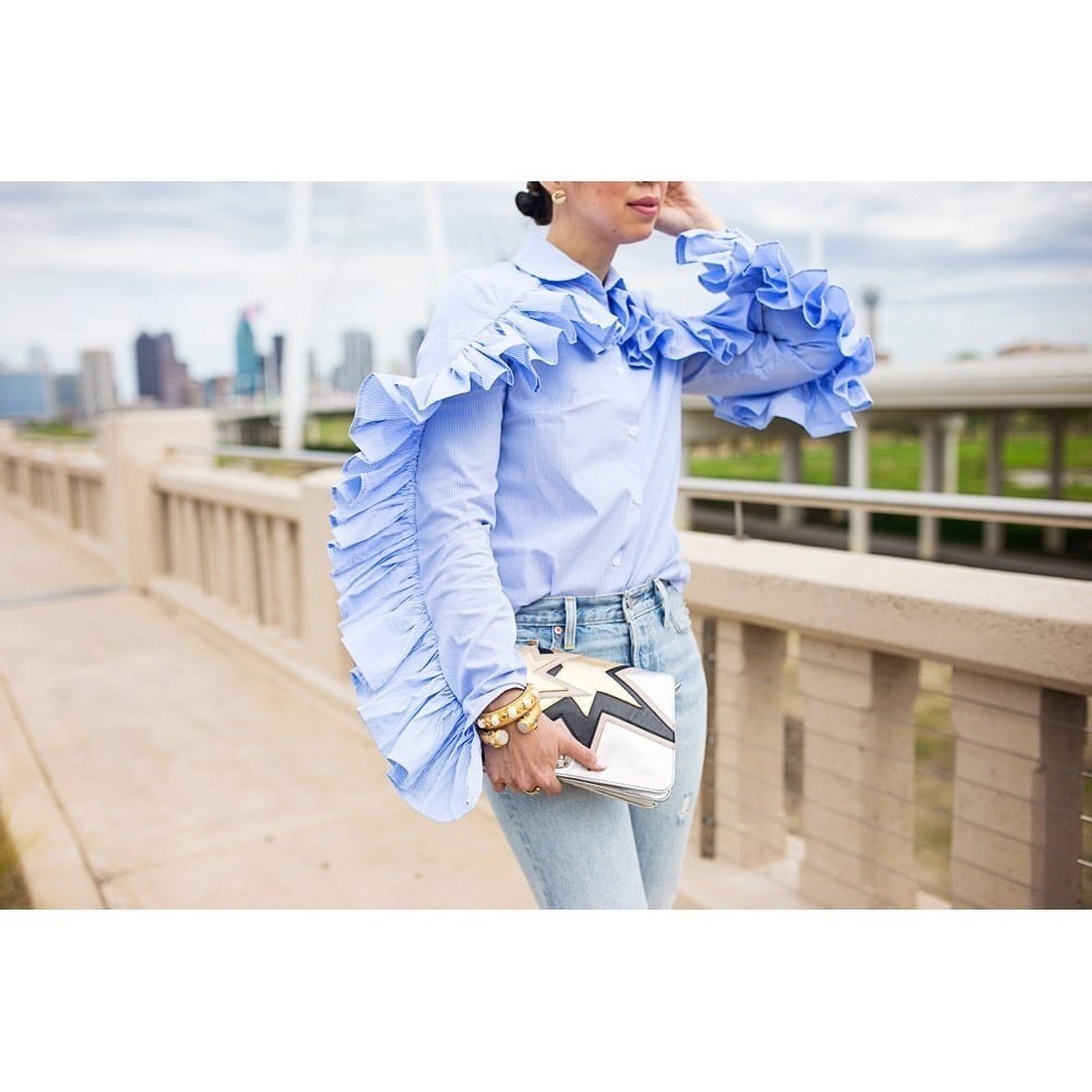Luxe by Stylekeepers Ruffle Trim Button Down Shirt Striped Long Sleeve Statement